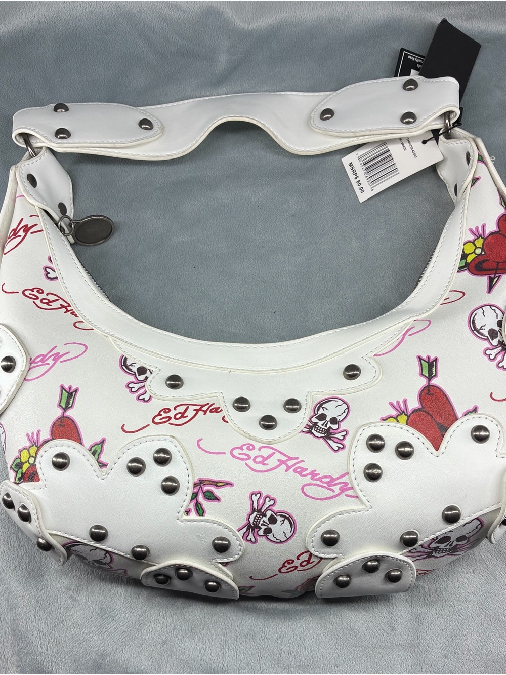 Ed Hardy White Studded Tattoo Heart & Skull Shoulder Bag